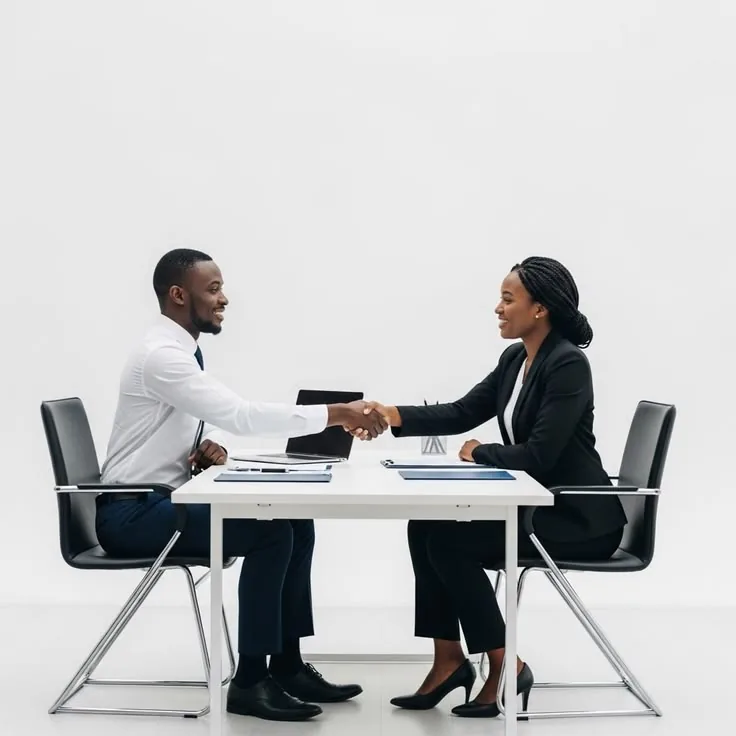Two professionals shaking hands across a table during a project consultation