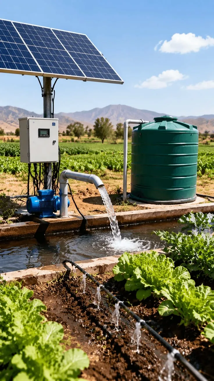Solar-powered pump feeding sprinkler irrigation across a green Nigerian farm
