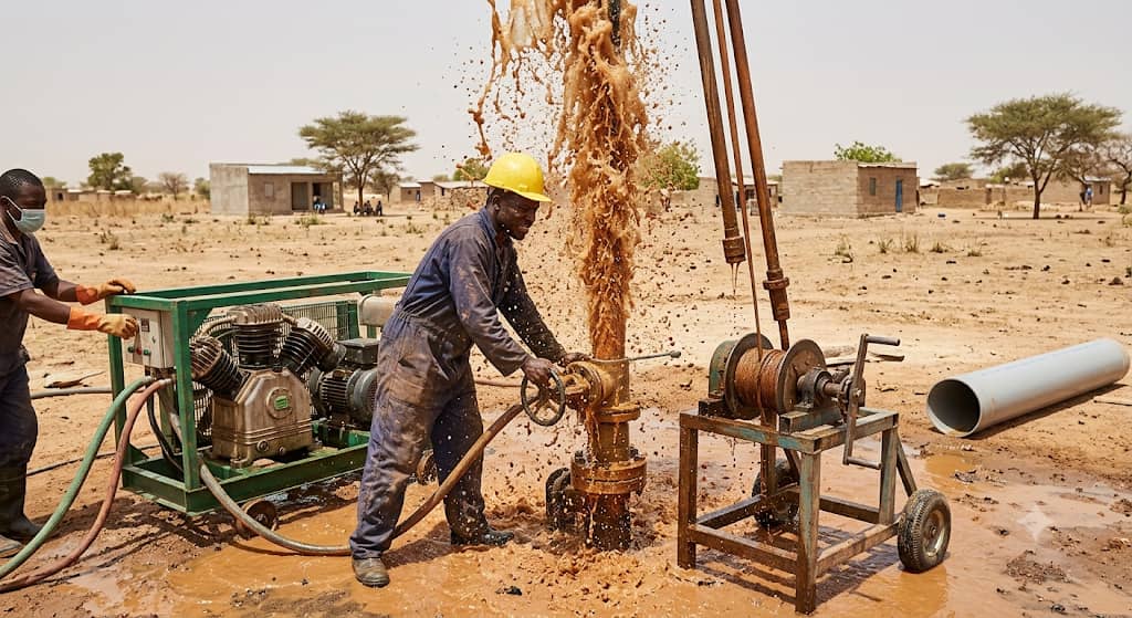 Rehabilitation work inside a borehole shaft with water being drawn out
