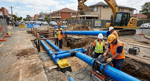 Water distribution line with sprinkler outlets running through cultivated soil