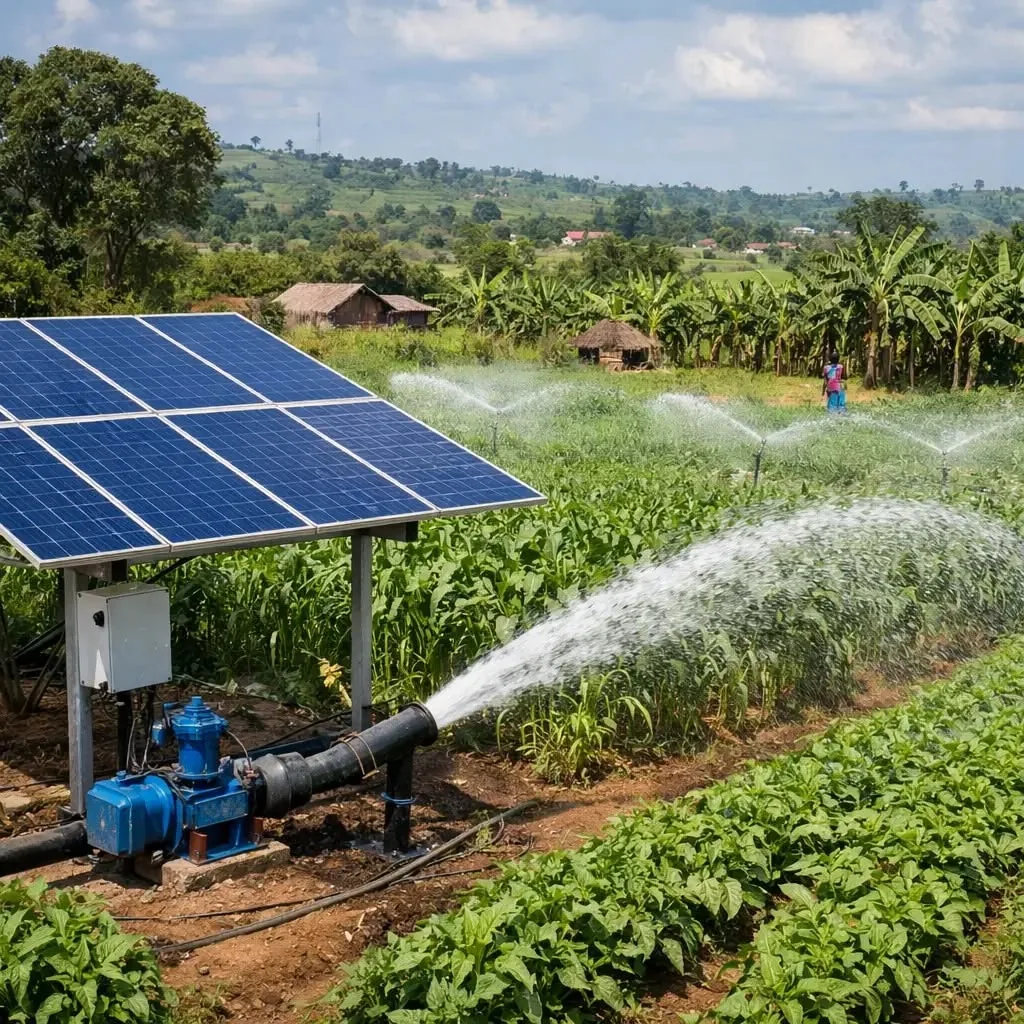 Solar panel powering a borehole pump feeding a green water storage tank on a farm