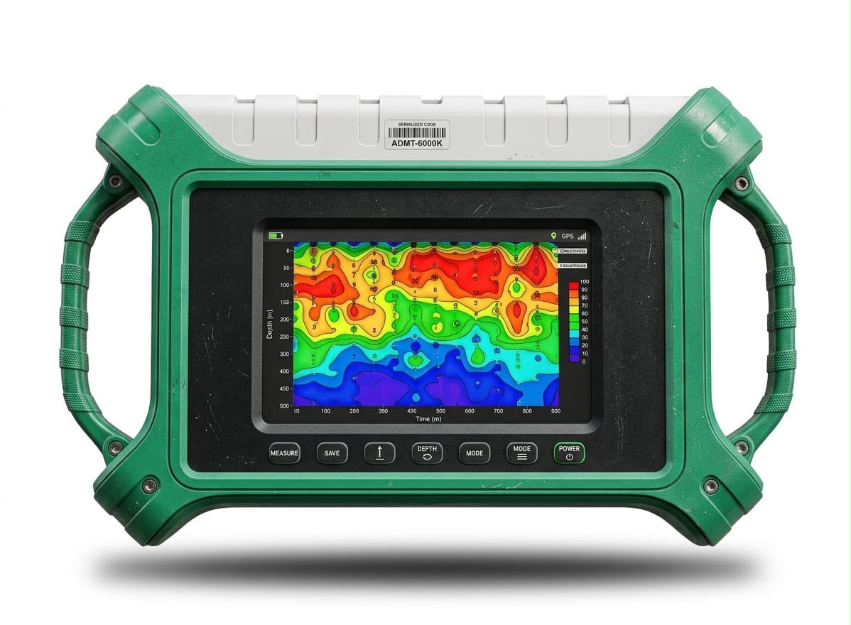 Field engineer taking GPS survey readings on farmland before borehole drilling